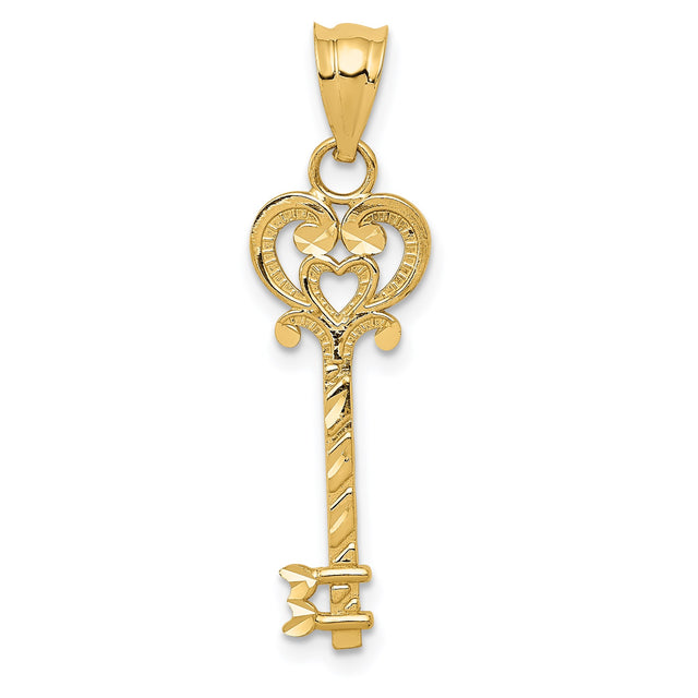 14k Yellow Gold Key Pendant with Heart Design and Scrollwork for Women