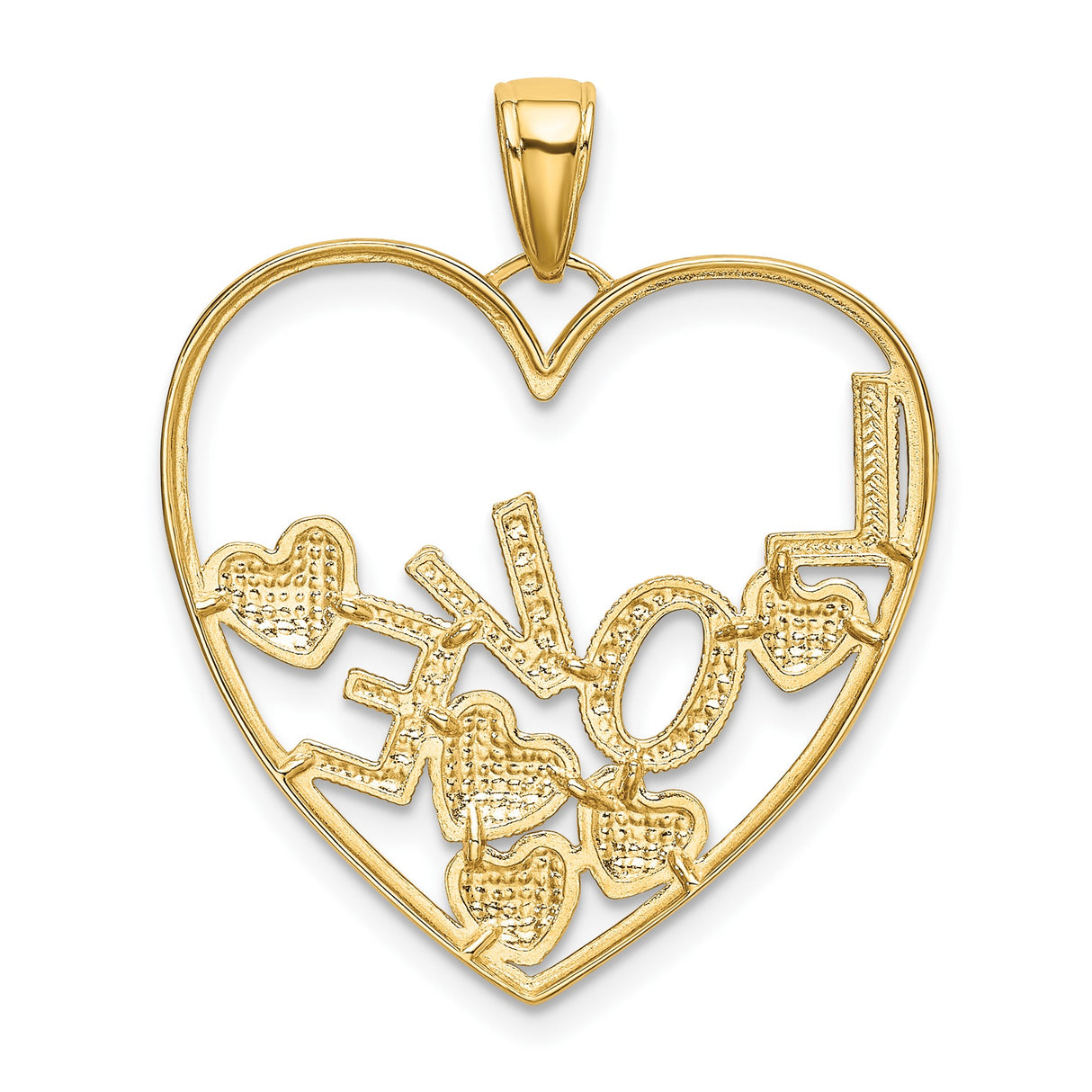 14k Multi-Tone Gold Heart Pendant with Textured Rhodium LOVE Script and Floating Accents