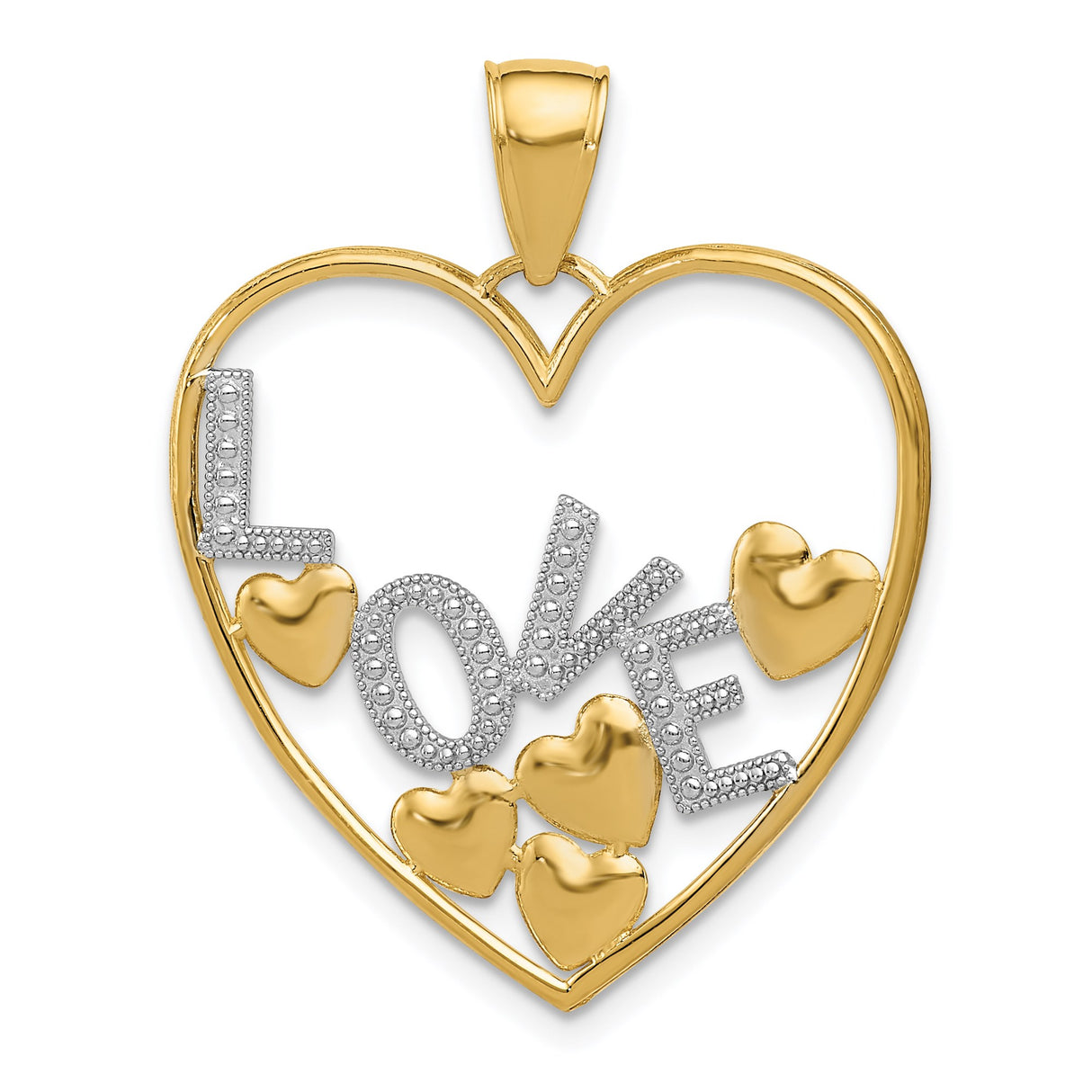 14k Multi-Tone Gold Heart Pendant with Textured Rhodium LOVE Script and Floating Accents