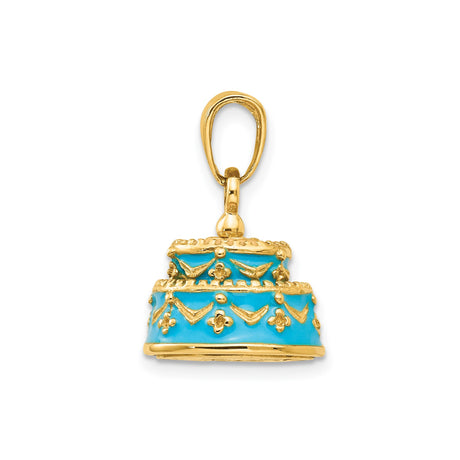 14k Yellow Gold Birthday Cake Pendant with Blue Enamel, Tiered Celebration Charm