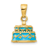 14k Yellow Gold Birthday Cake Pendant with Blue Enamel, Tiered Celebration Charm
