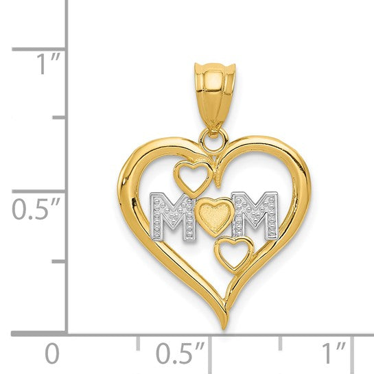 14k Yellow Gold and Rhodium Mom Open Heart Pendant with White Rhodium Accents
