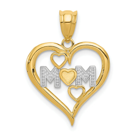 14k Yellow Gold and Rhodium Mom Open Heart Pendant with White Rhodium Accents