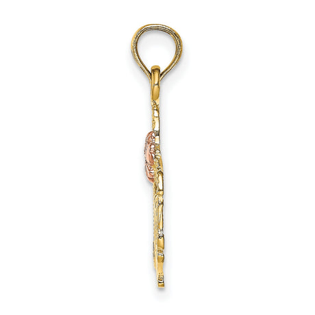 14k Two-Tone Gold Mom Pendant with Rose Gold Flower and Leaf Details