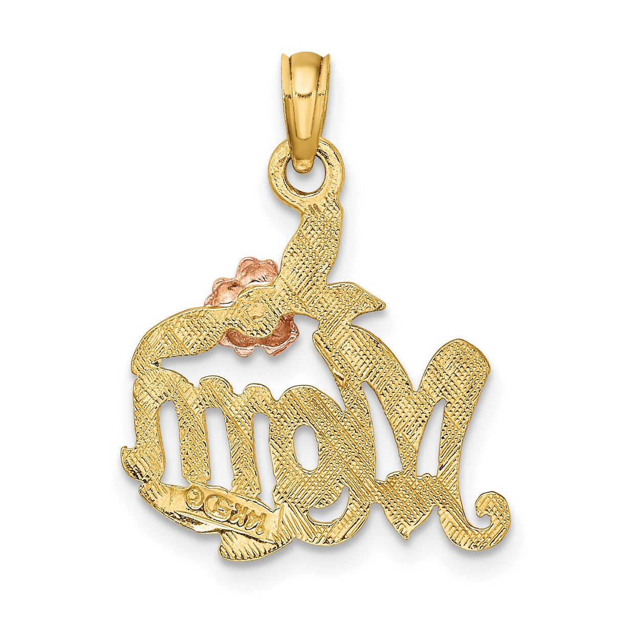 14k Two-Tone Gold Mom Pendant with Rose Gold Flower and Leaf Details