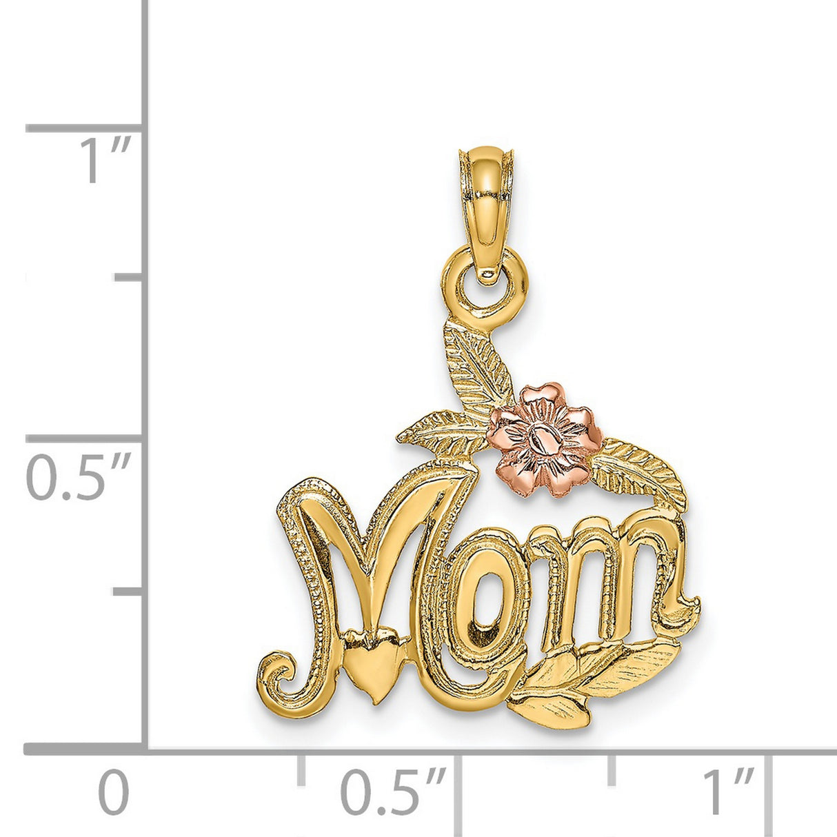 14k Two-Tone Gold Mom Pendant with Rose Gold Flower and Leaf Details