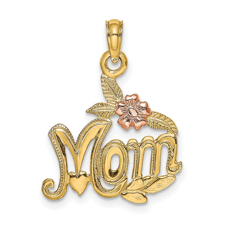 14k Two-Tone Gold Mom Pendant with Rose Gold Flower and Leaf Details