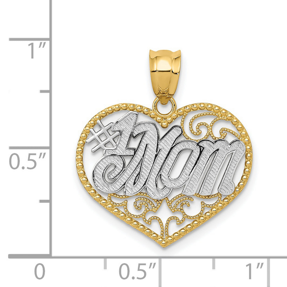 #1 Mom Filigree Heart Charm Pendant in Real 14k Multi-Tone Gold