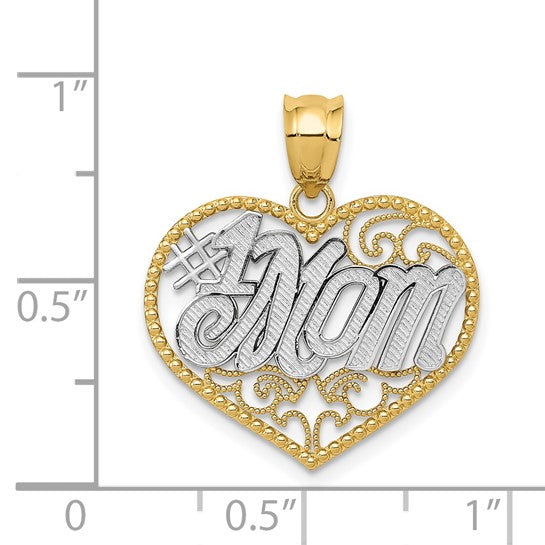14k Two-Tone Gold Heart Pendant, Filigree Design with Bold Number One Mom Lettering