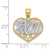 14k Two-Tone Gold Heart Pendant, Filigree Design with Bold Number One Mom Lettering