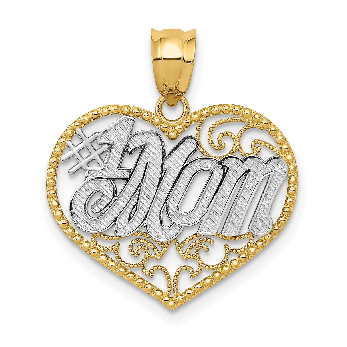 #1 Mom Filigree Heart Charm Pendant in Real 14k Multi-Tone Gold