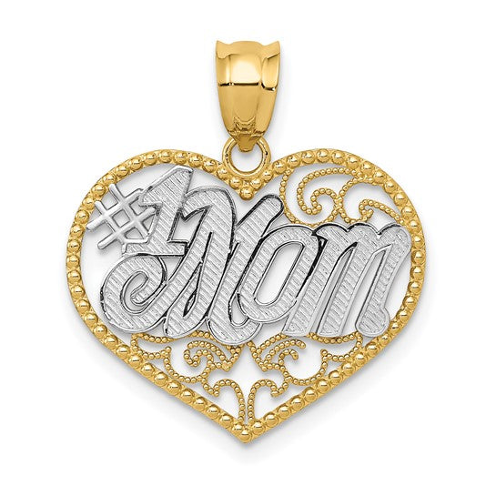 14k Two-Tone Gold Heart Pendant, Filigree Design with Bold Number One Mom Lettering