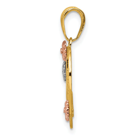 14k Tri-Color Gold Heart Pendant with Nana Script and Floral Accents for Women