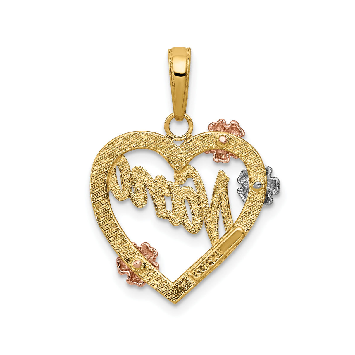 14k Tri-Color Gold Heart Pendant with Nana Script and Floral Accents for Women