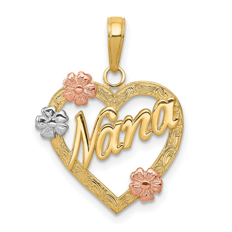 14k Tri-Color Gold Heart Pendant with Nana Script and Floral Accents for Women