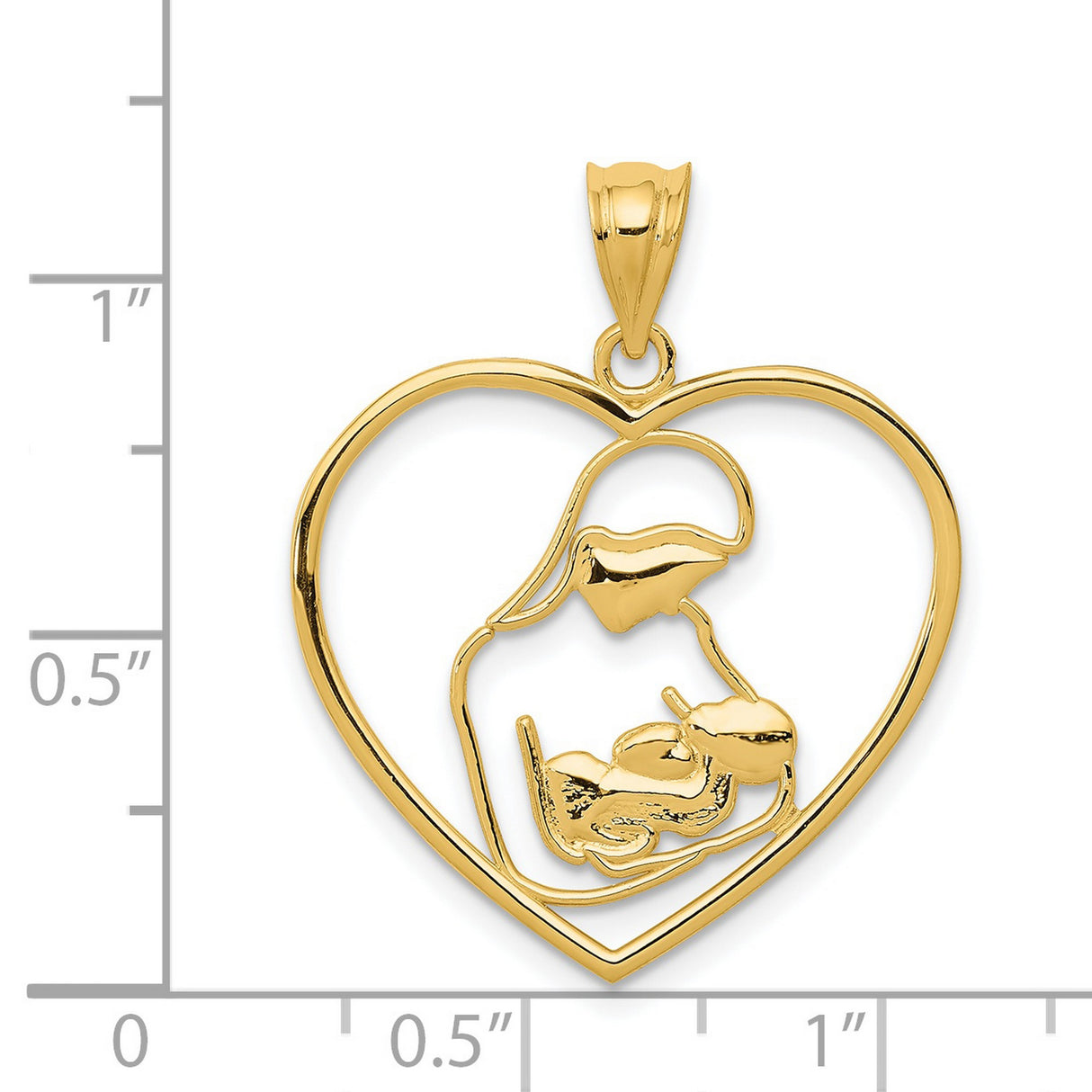 14k Yellow Gold Heart Pendant with Mother Holding Baby, Open Heart Family Theme Charm