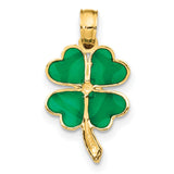 14k Yellow Gold Four Leaf Clover Pendant with Green Enamel Accents, Irish Shamrock Charm