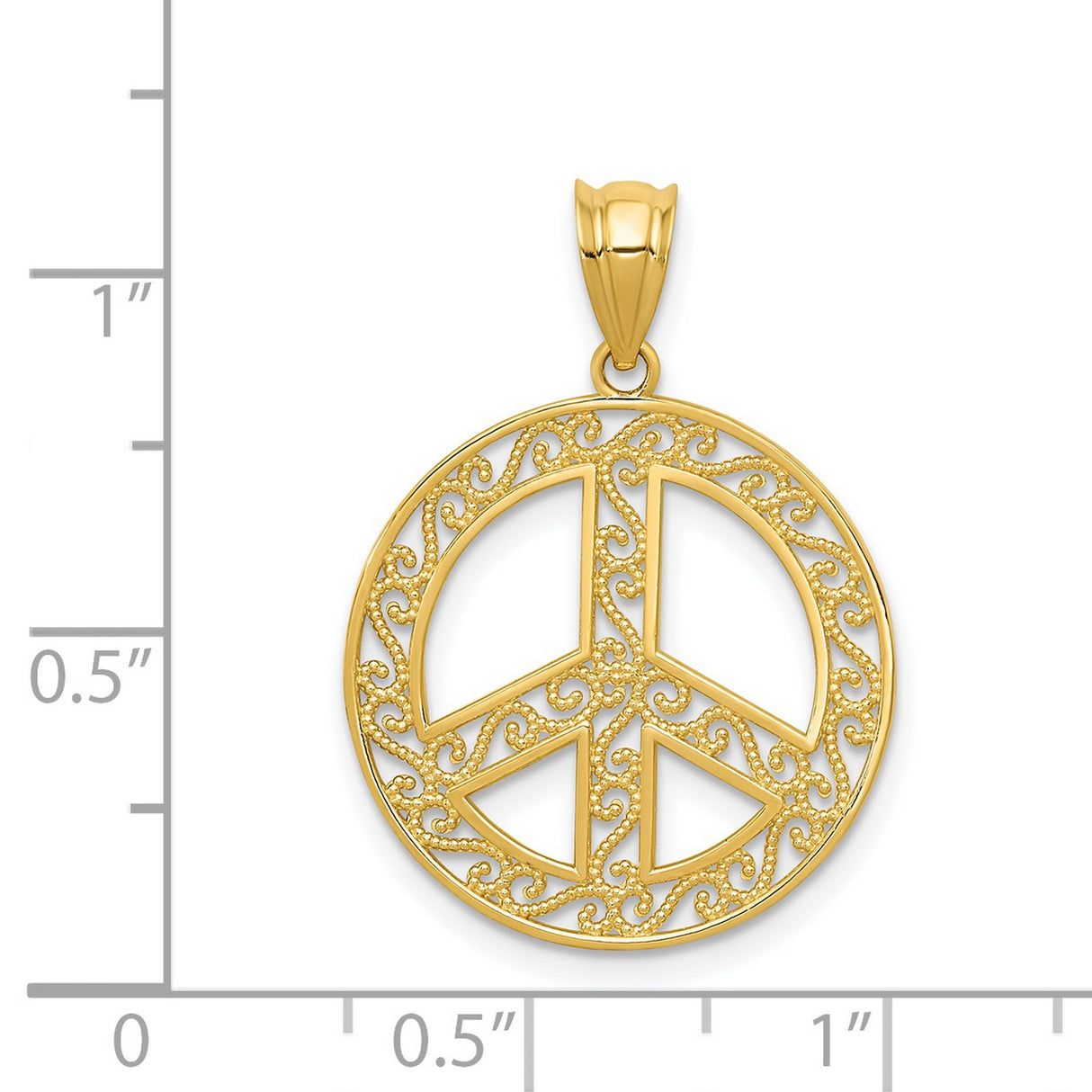 14k Yellow Gold Peace Sign Pendant, Filigree Scrollwork Harmony Symbol for Women