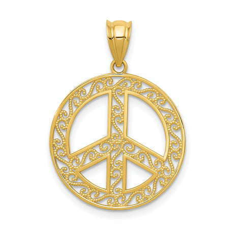 14k Yellow Gold Peace Sign Pendant, Filigree Scrollwork Harmony Symbol for Women