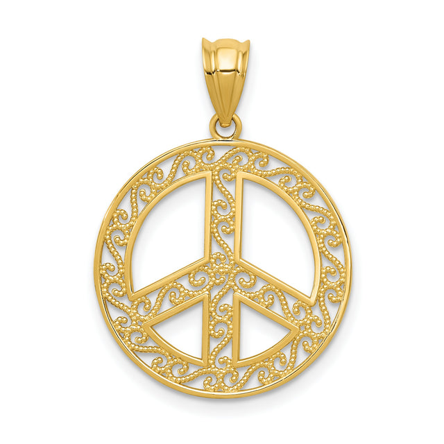 14k Yellow Gold Peace Sign Pendant, Filigree Scrollwork Harmony Symbol for Women