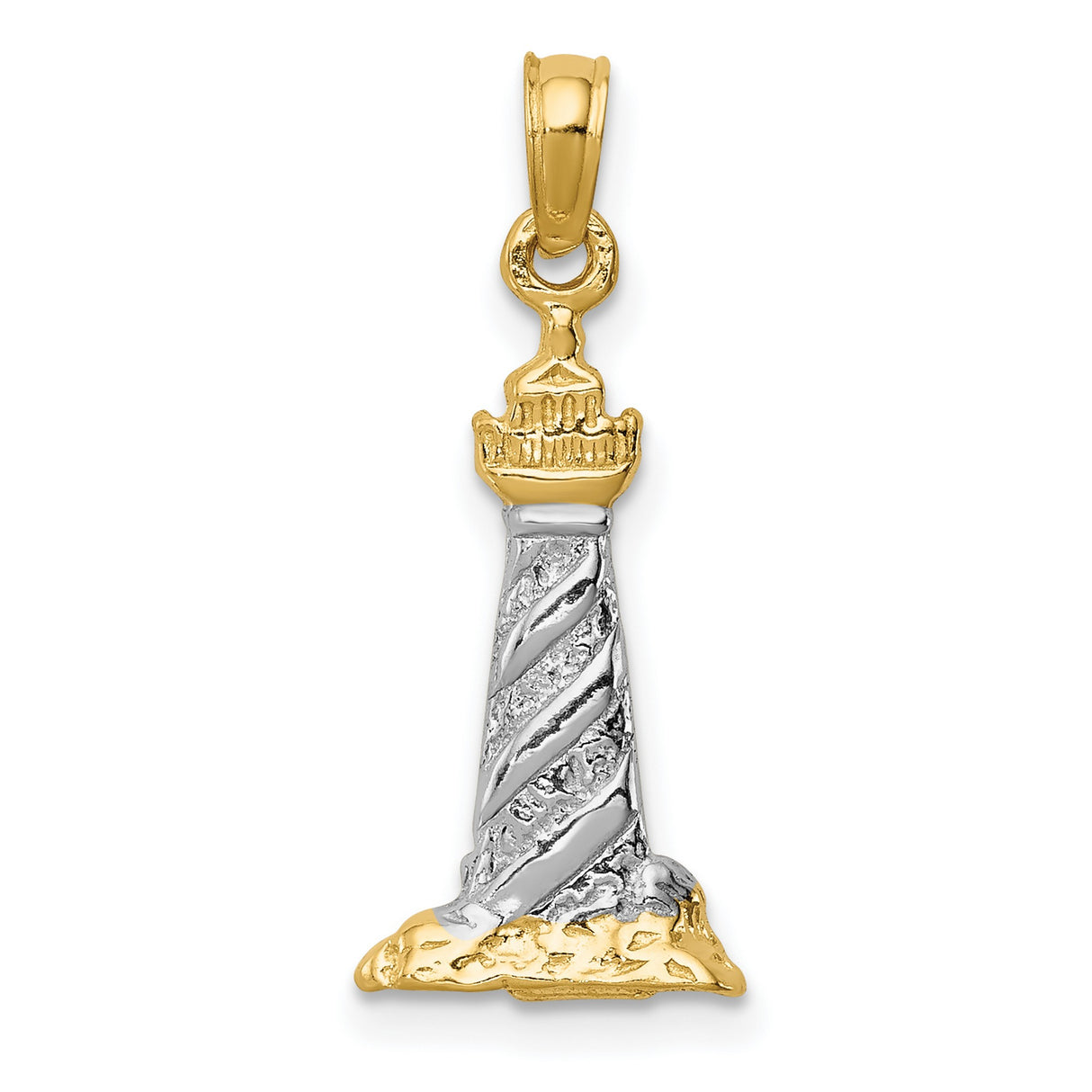 14k Multi-Tone Gold Lighthouse Pendant, Nautical Spiral Design with Rocky Base