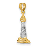 14k Multi-Tone Gold Lighthouse Pendant, Nautical Spiral Design with Rocky Base