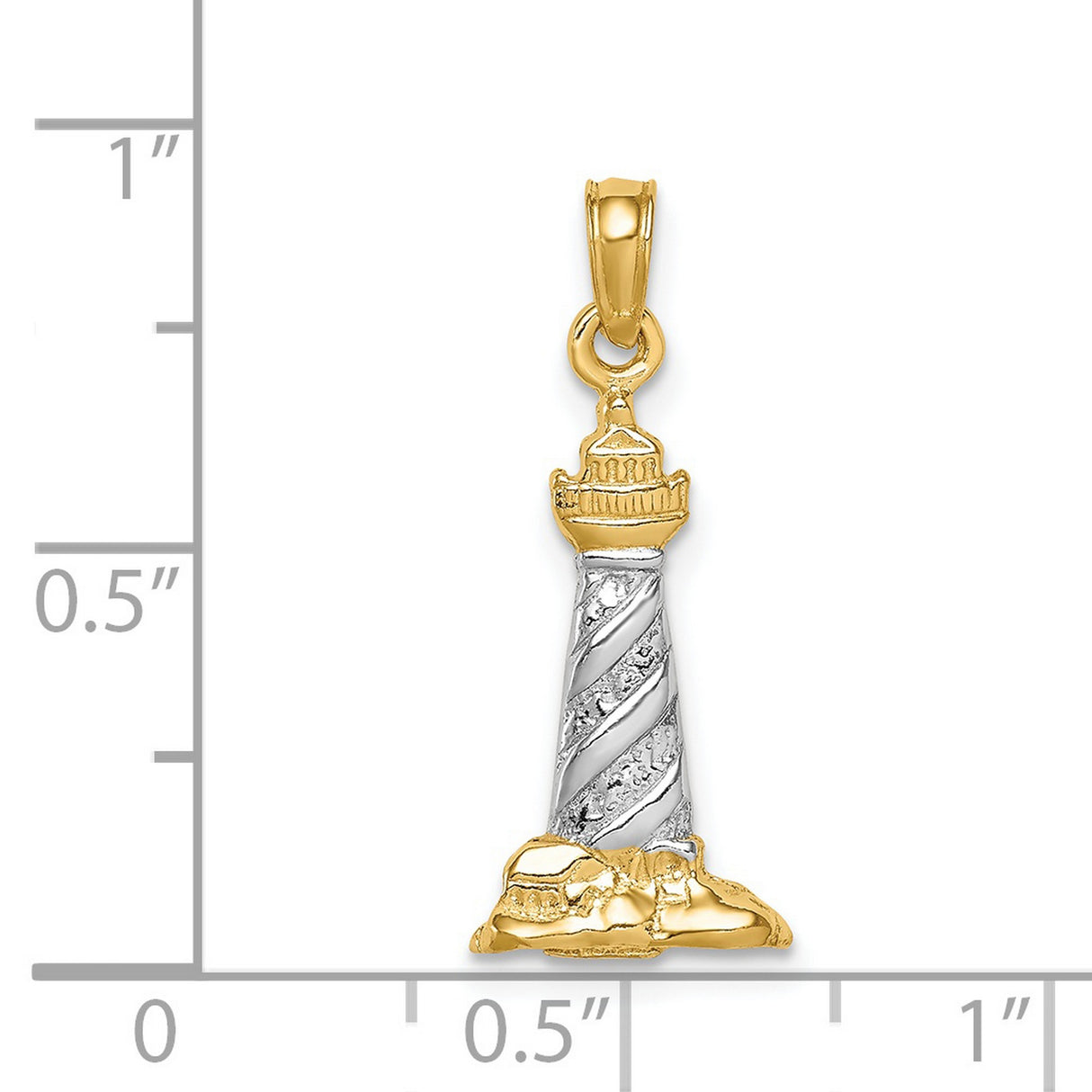 14k Multi-Tone Gold Lighthouse Pendant, Nautical Spiral Design with Rocky Base