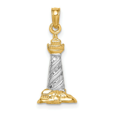14k Multi-Tone Gold Lighthouse Pendant, Nautical Spiral Design with Rocky Base