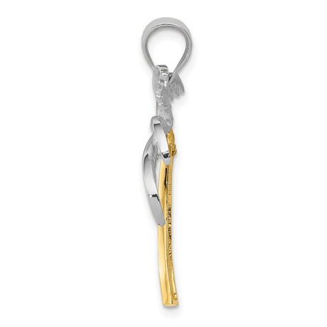 14k Two Tone Gold Palm Tree Pendant with Floral Engraving, Tropical Beach Charm