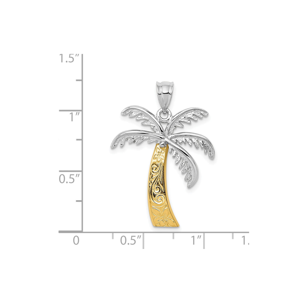 14k Two Tone Gold Palm Tree Pendant with Floral Engraving, Tropical Beach Charm