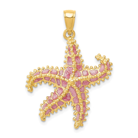 14k Yellow Gold Starfish Pendant with Pink Enamel Accents, Nautical Ocean Theme