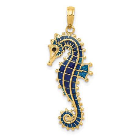 14k Yellow Gold Seahorse Pendant with Blue Enamel, Nautical Ocean Theme Jewelry for Women