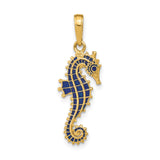 14k Yellow Gold Seahorse Pendant with Blue Enamel, Nautical Ocean Charm Design
