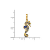 14k Yellow Gold Seahorse Pendant with Blue Enamel, Nautical Ocean Charm Design