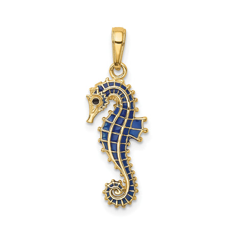 14k Yellow Gold Seahorse Pendant with Blue Enamel, Nautical Ocean Charm Design