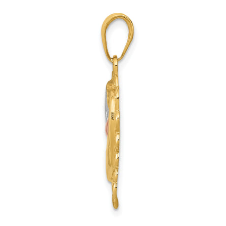 14k Multi-Tone Gold Dolphin Heart Pendant with Rose Gold Center and Filigree Frame