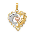 14k Multi-Tone Gold Dolphin Heart Pendant with Rose Gold Center and Filigree Frame