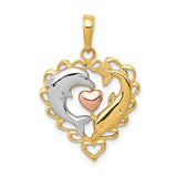 14k Multi-Tone Gold Dolphin Heart Pendant with Rose Gold Center and Filigree Frame