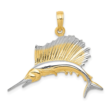 14k Two-Tone Gold Sailfish Pendant with Rhodium Accents, Nautical Marlin Design