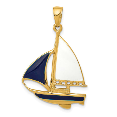 14k Yellow Gold Sailboat Pendant with Blue and White Enamel, Nautical Coastal Theme