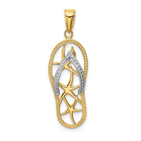 14k Two-Tone Gold Flip-Flop Pendant with Starfish Accents, Nautical Beach Charm