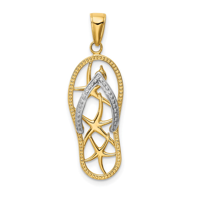 14k Two-Tone Gold Flip-Flop Pendant with Starfish Accents, Nautical Beach Charm