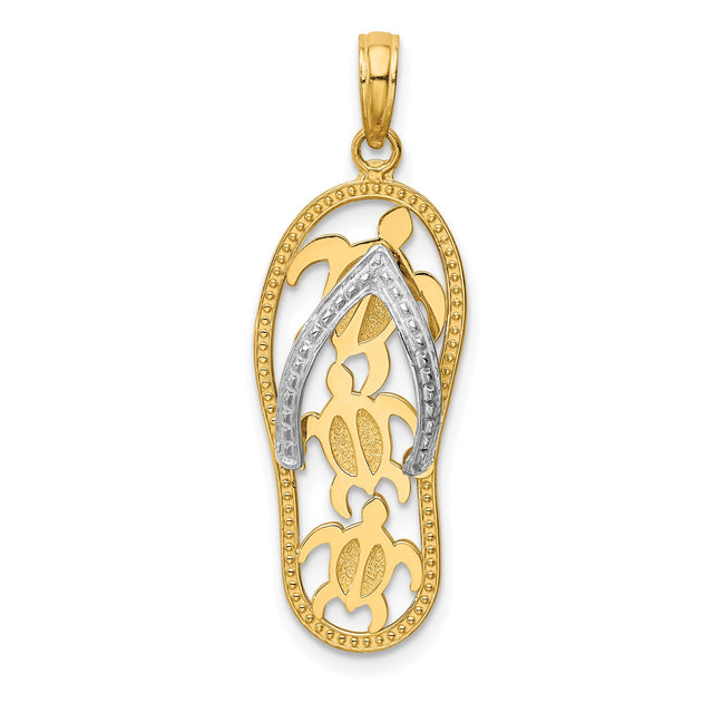 14k Two-Tone Gold Flip-Flop Pendant with Cut-Out Sea Turtles, Coastal Beach Charm