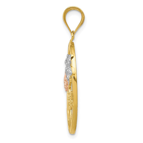 14k Two-Tone Gold Oval Pendant with Rose Gold Ladybug and Floral Garden Theme