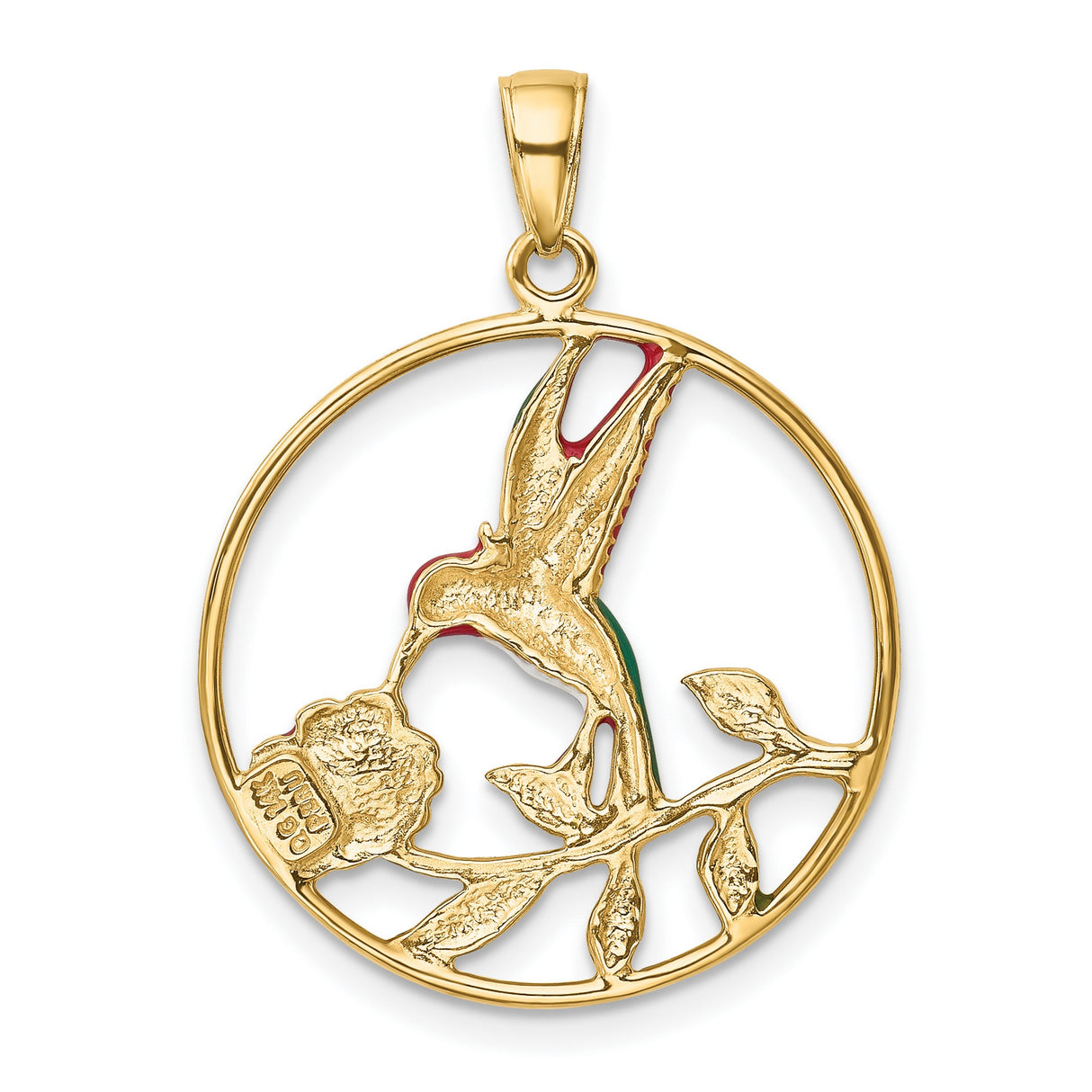 14k Yellow Gold Hummingbird Pendant with Colorful Enamel, Floral Nature-Inspired Design
