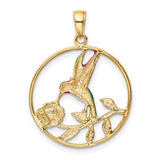 14k Yellow Gold Hummingbird Pendant with Colorful Enamel, Floral Nature-Inspired Design