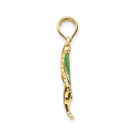 14k Yellow Gold Butterfly Pendant with Green Black Pearlescent Enamel Detailing, Nature Inspired