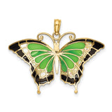 14k Yellow Gold Butterfly Pendant with Green Black Pearlescent Enamel Detailing, Nature Inspired