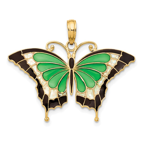 14k Yellow Gold Butterfly Pendant with Green Black Pearlescent Enamel Detailing, Nature Inspired