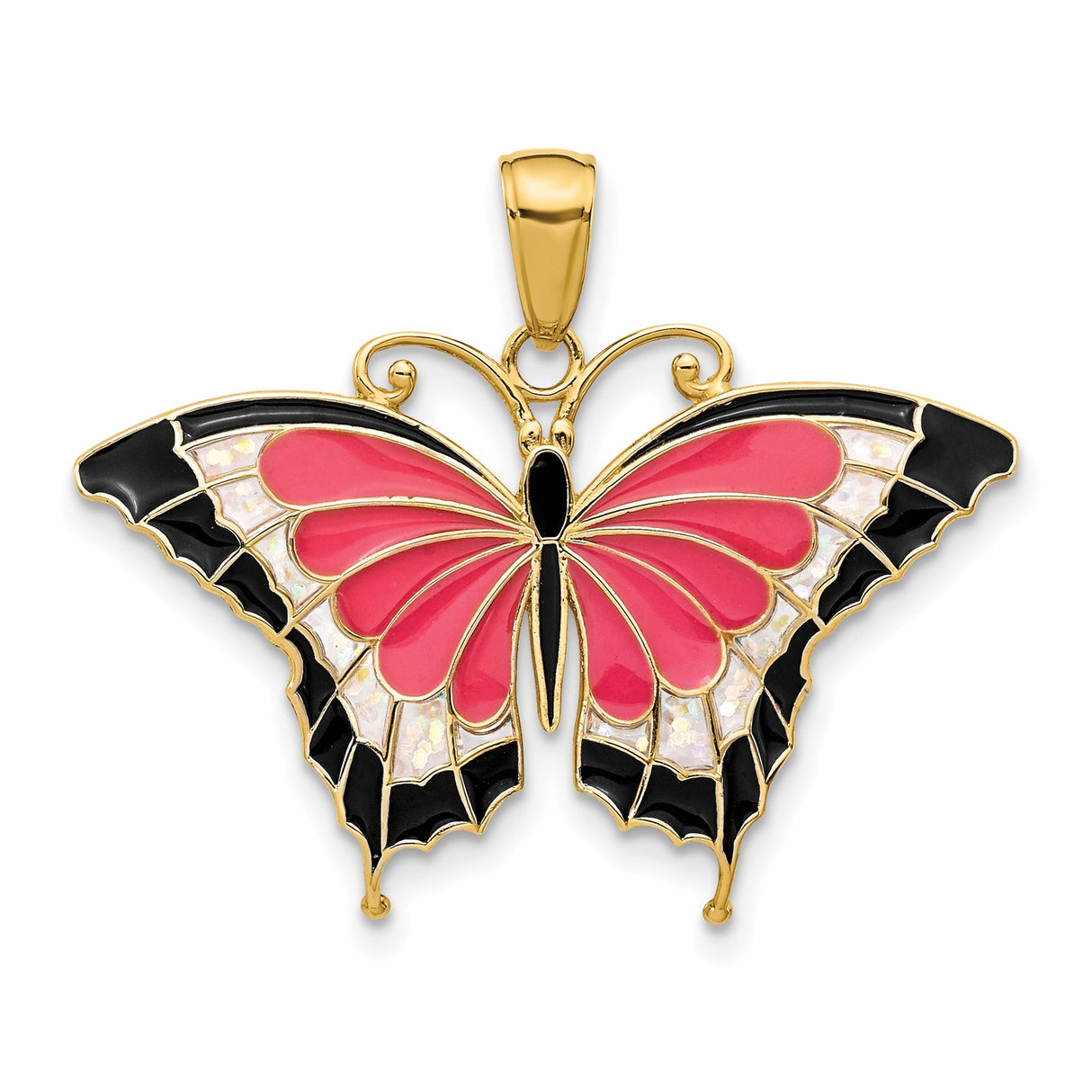 14k Yellow Gold Butterfly Pendant with Pink, Black, and Opalescent Enamel Wings